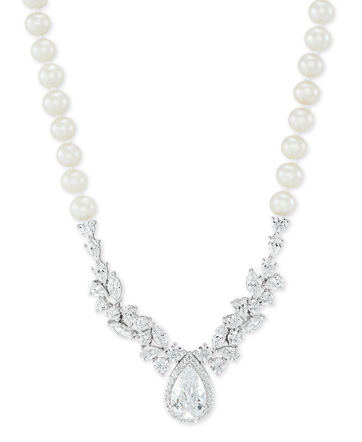 Cultured Freshwater Pearl (5-6mm) Cubic Zirconia 17" Statement Necklace in Sterling Silver - Sterling Silver