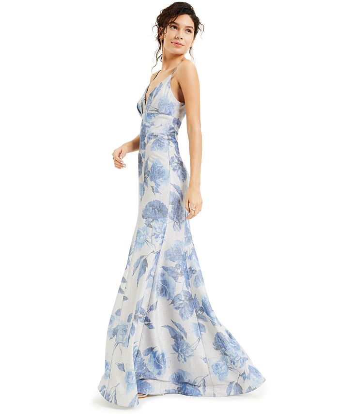 B Darlin Juniors' V-Neck Glitter Floral-Print Gown, Created for Macy's ...