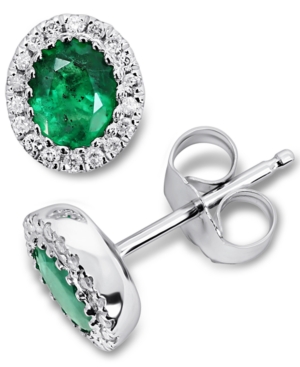 image of Emerald (5/8 ct. t.w.) & Diamond (1/10 ct. t.w.) Oval Halo Stud Earrings in 14k White Gold