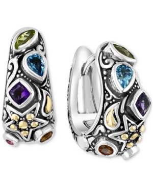 image of Effy Multi-Gemstone Star Hoop Earrings (7/8 ct. t.w.) in Sterling Silver & 14k Gold-Plate