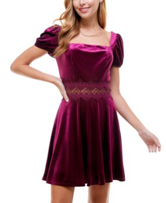 City Studios Juniors' Lace-Trim Puff-Sleeve Velvet Dress Macy's