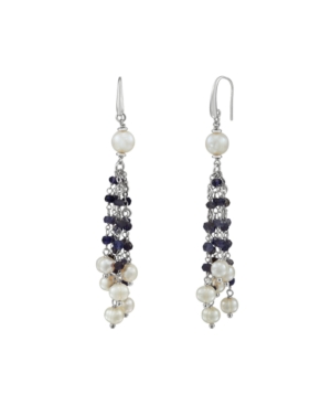 image of Cultured Freshwater Pearl (6-8mm) and Iolite Tassel Earrings in Sterling Silver