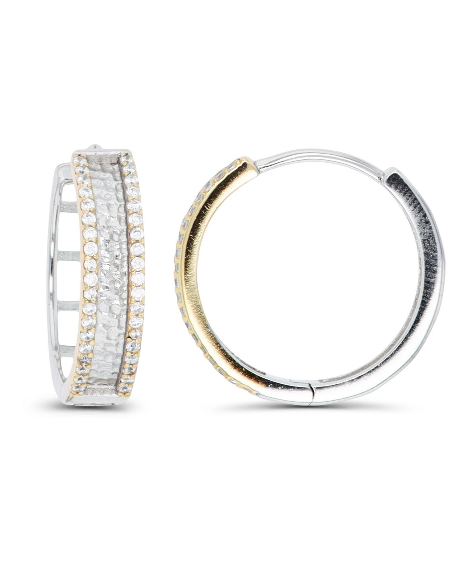 Cubic Zirconia Two-Tone Pave Diamond-Cut Hoop Earrings
