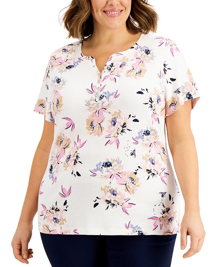 Karen Scott Plus Size Floral-Print Henley Top, Created for Macy's - Macy's