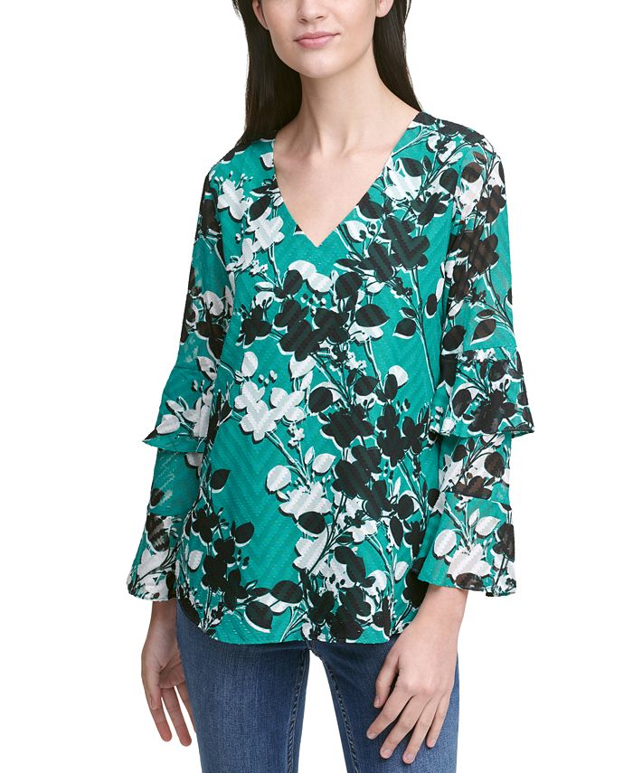Calvin Klein Printed Clipped Dot Tiered-Sleeve Top & Reviews - Tops ...