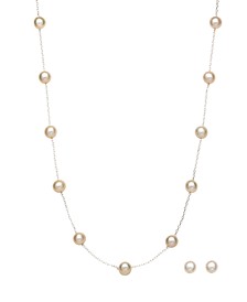 Cultured Freshwater Pearl Station Necklace and Stud Earrings Set in Sterling Silver or 18k Gold Over Sterling Silver