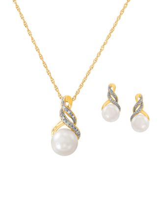 Cultured Freshwater Pearl (8 & 9mm) and Diamond Accent Pendant Necklace and Earrings Set in Sterling Silver or 14k Gold Over Silver