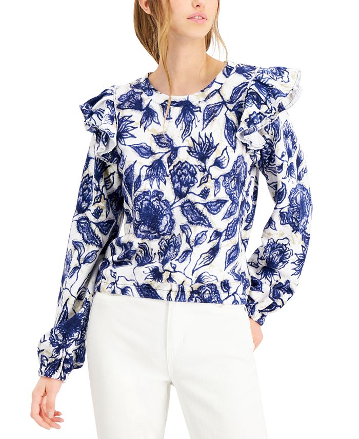 INC International Concepts Petite Printed Ruffle Shoulder