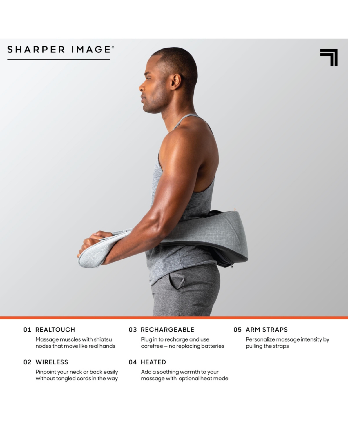 Sharper Image Realtouch Shiatsu Massager, Warming Heat Soothes Sore Muscles, Nodes Feel Like Real Hands, Wireless & Rechargeable