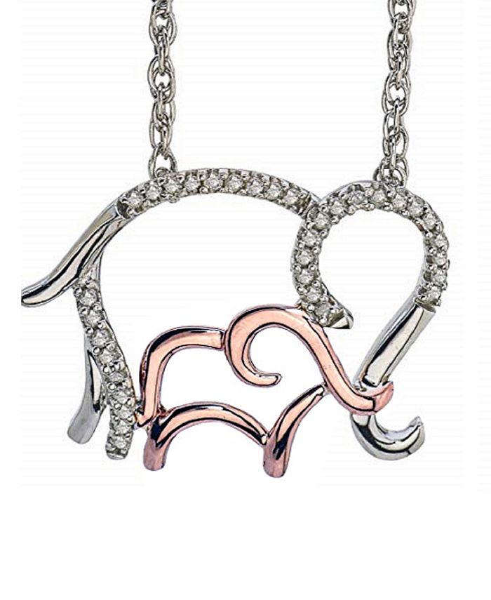Macy's - Diamond Family Elephant Pendant Necklace (1/10 ct. t.w.) in Sterling Silver and 10k Rose Gold