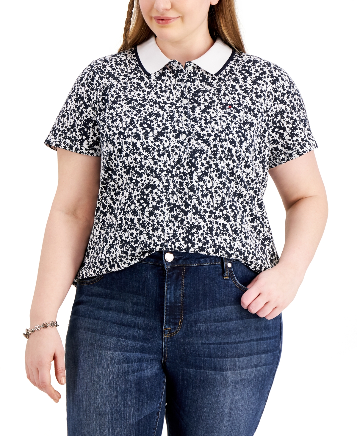 Shop Tommy Hilfiger Plus Size Buttercup Floral-print Polo Shirt In Sky Captain,bright White