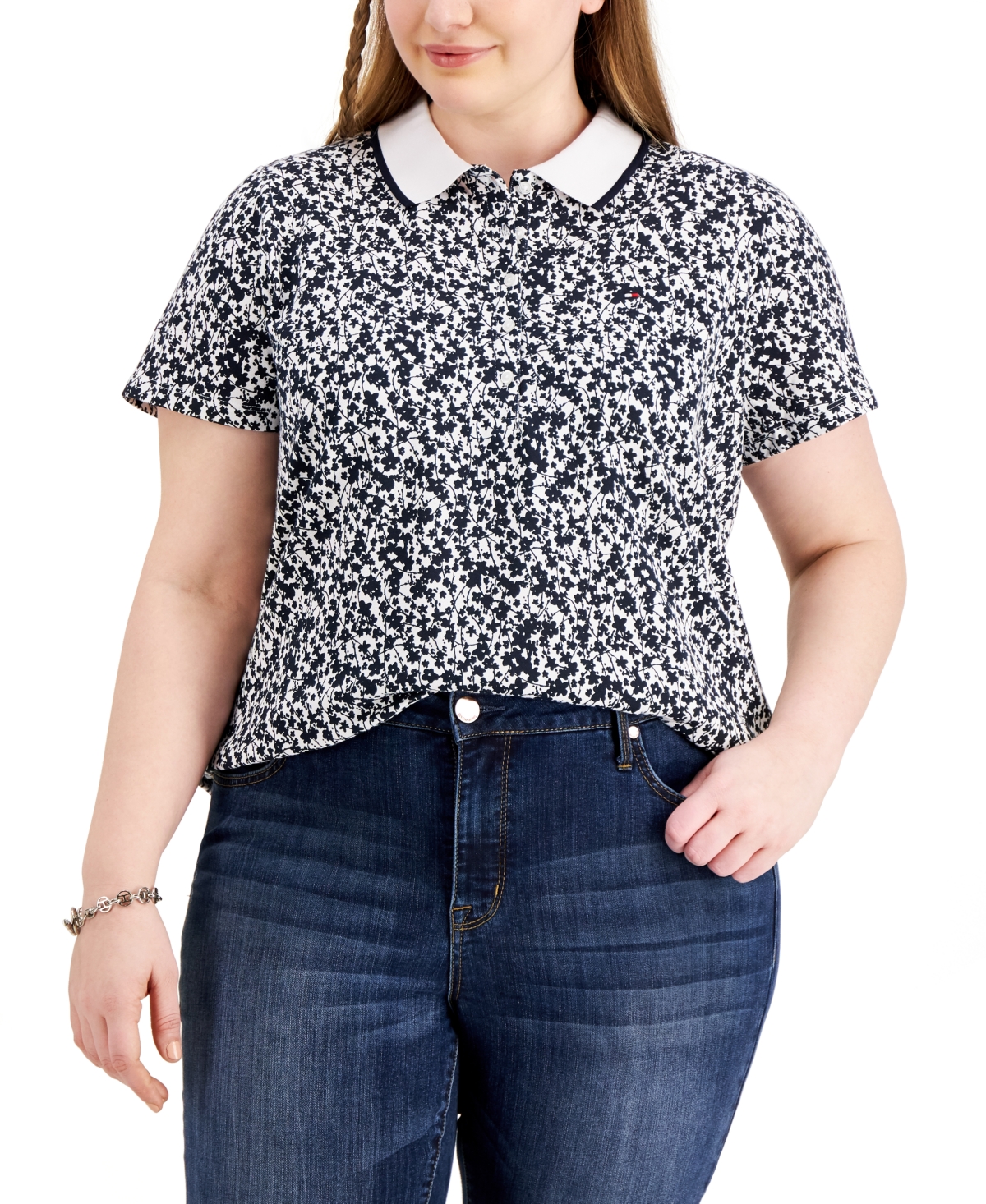 Tommy Hilfiger Plus Size Buttercup Floral-print Polo Shirt In Sky Captain,bright White