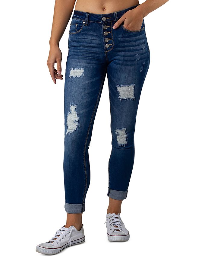 Indigo Rein Juniors' Distressed Button-Fly Cuffed Jeans - Macy's