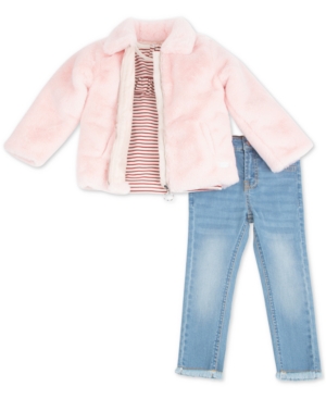 7 For All Mankind Baby Girls 3-pc. Faux-fur Jacket, Striped Top & Stretch Jeans Set In Rosey