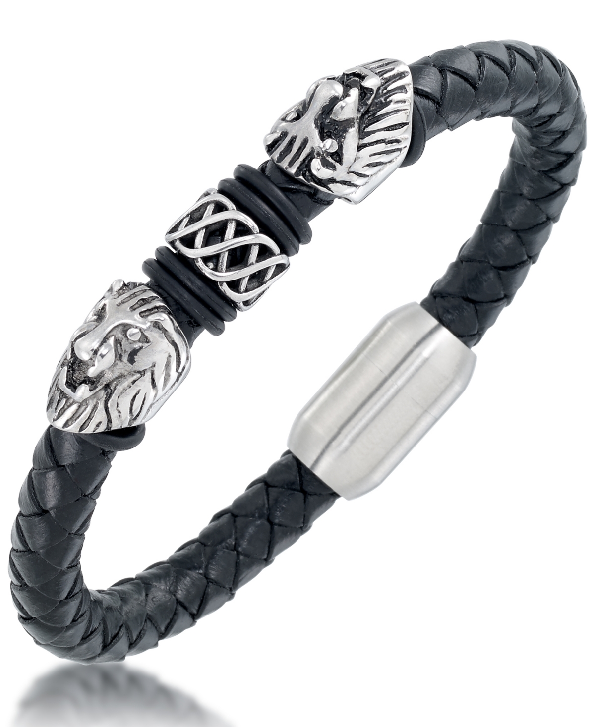 Men's Black Leather Lion Head Bracelet in Stainless Steel - Stainless Steel