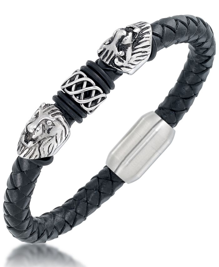 Andrew Charles by Andy Hilfiger - Men's Black Leather Lion Head Bracelet in Stainless Steel