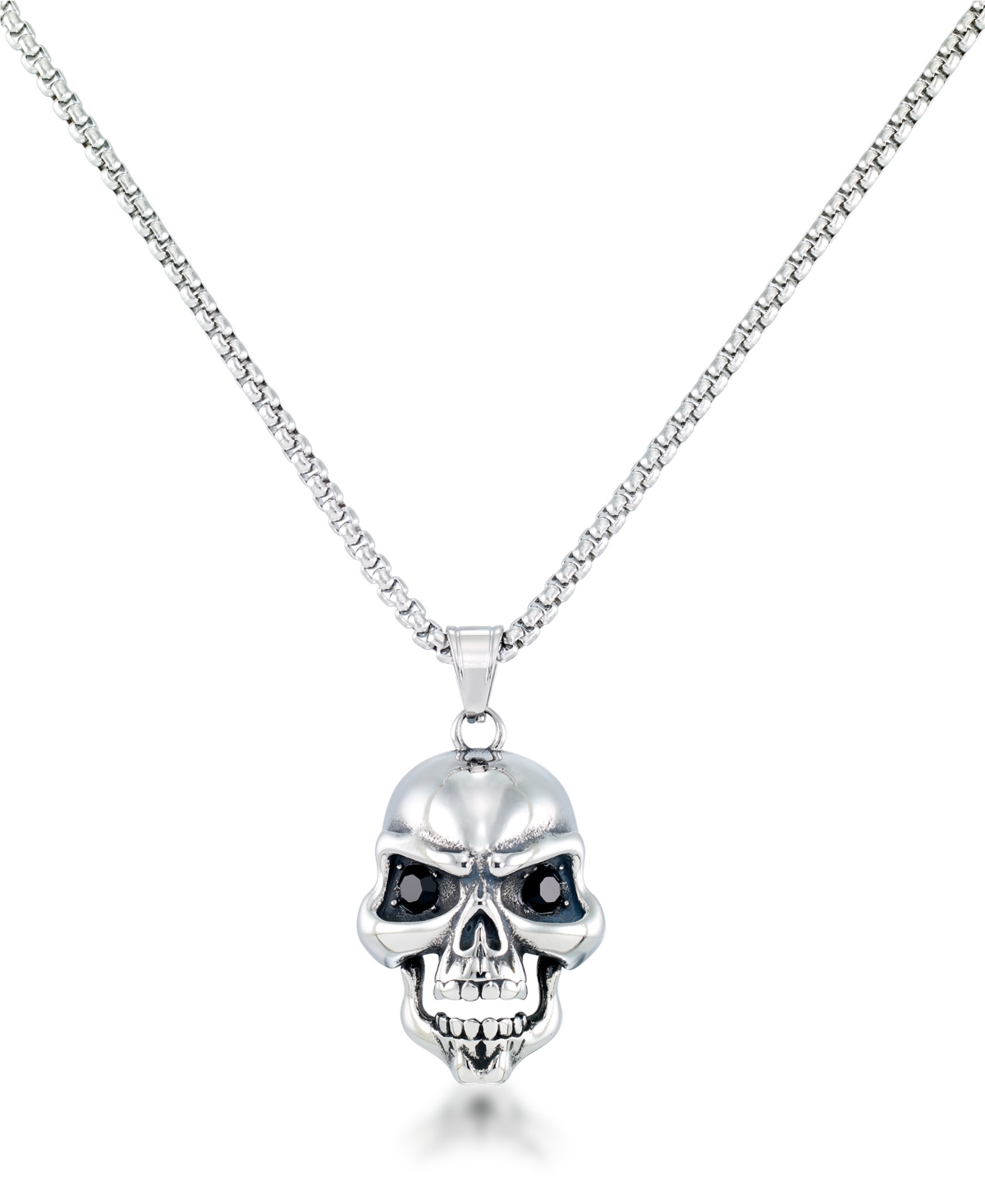 Andrew Charles by Andy Hilfiger Men's Black Cubic Zirconia Skull 24" Pendant Necklace in Stainless Steel