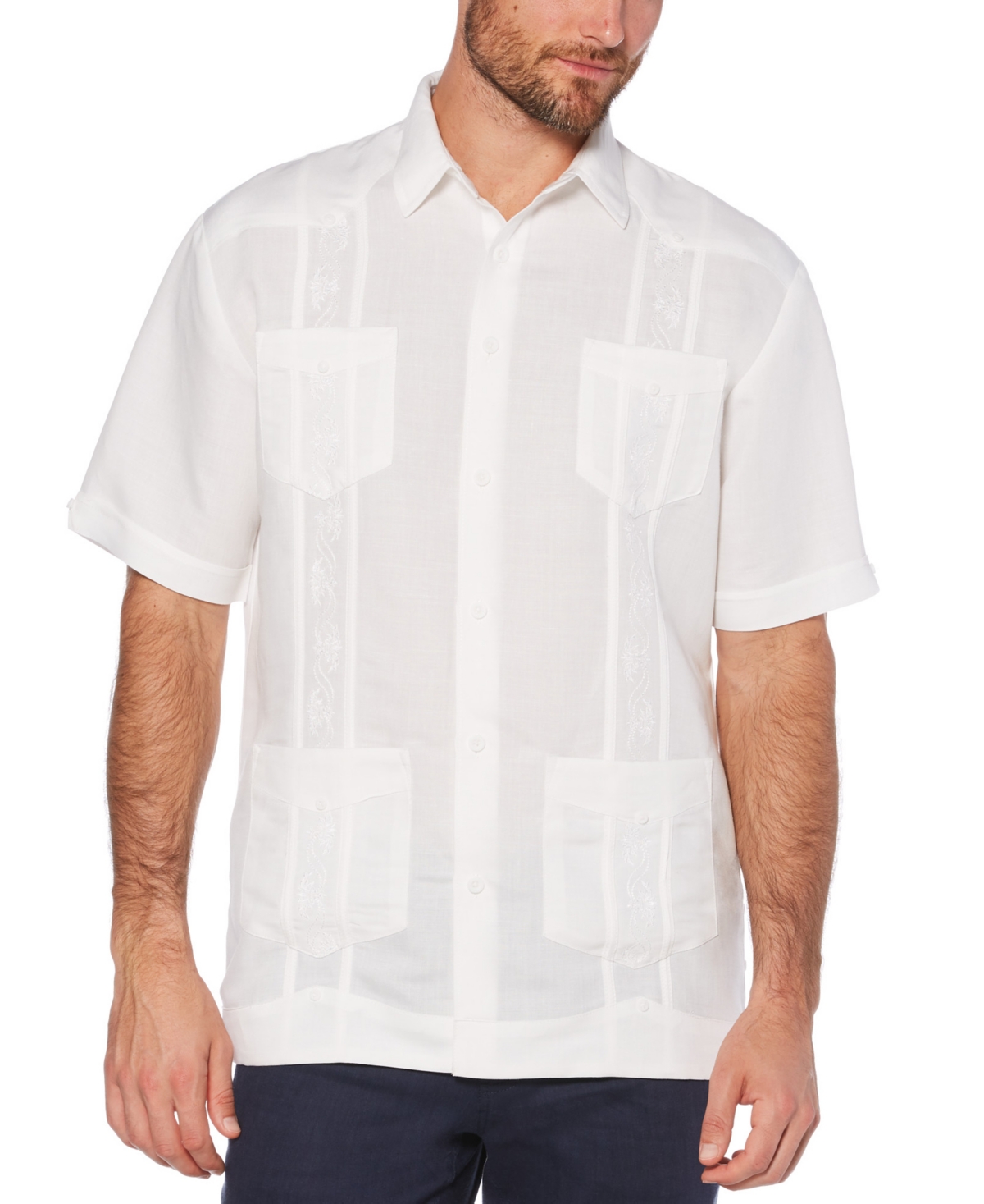 Short-Sleeve Embroidered Guayabera Shirt - Natural Linen