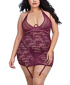 Women's Plus Size Stretch Lace Garter Slip Lingerie with Sheer Stripped Elastic Details