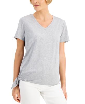 Karen Scott - Petite V-Neck Tie-Hem T-Shirt