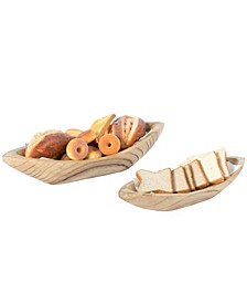 Wood Carved Boat Shaped Bowl Basket Rustic Display Tray, Set of 2