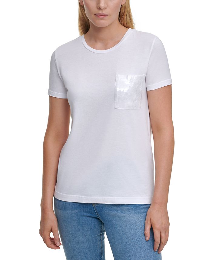 DKNY Short Sleeve Sequin Pocket T-Shirt - Macy's