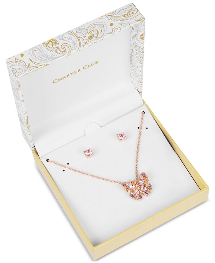 Charter Club Rose Gold-Tone Multicolor Crystal Butterfly Pendant Necklace &  Stud Earrings Set, Created for Macy's - Macy's