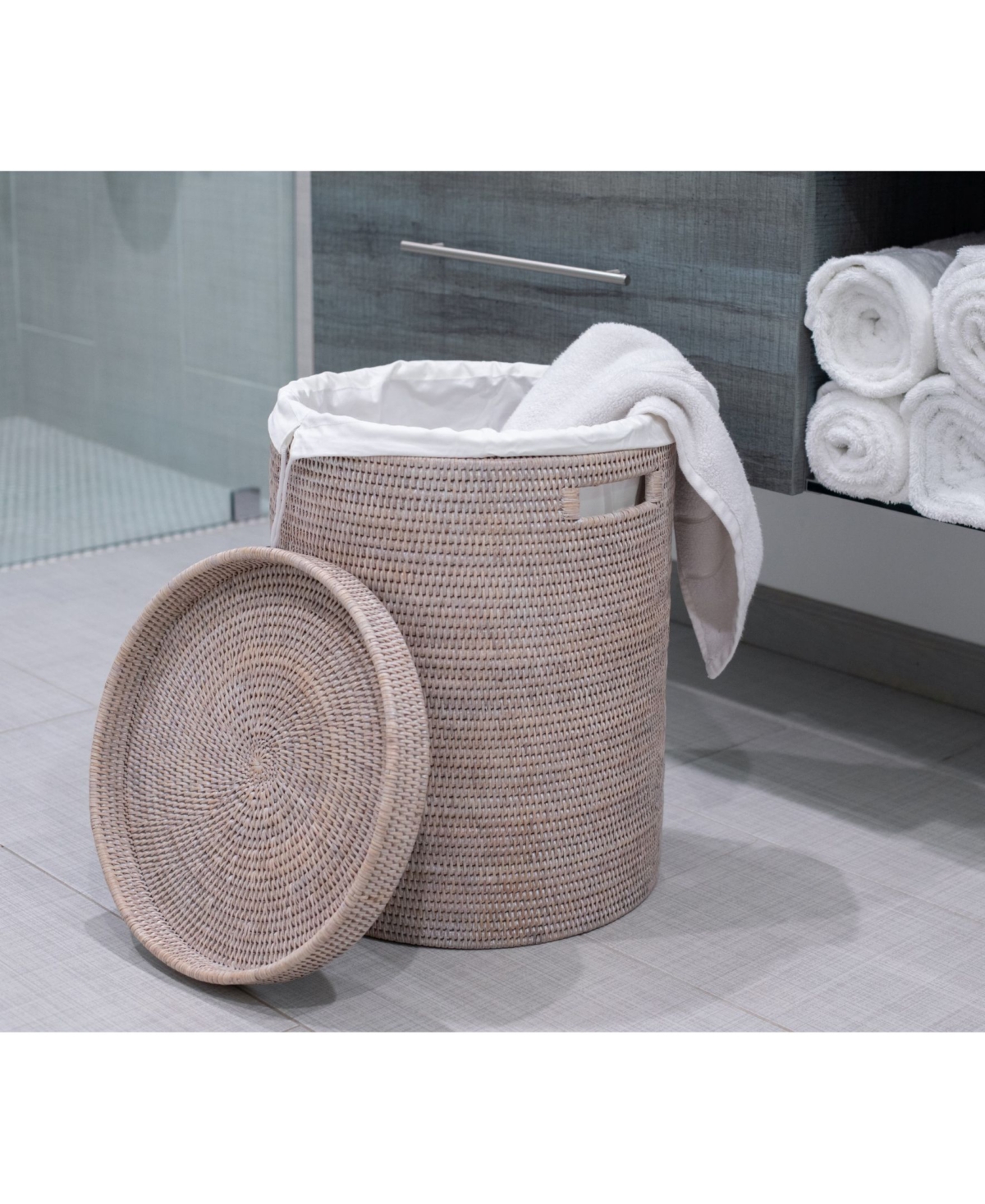 Artifacts Rattan Round Hamper with Lid and Cloth Liner - Off-White
