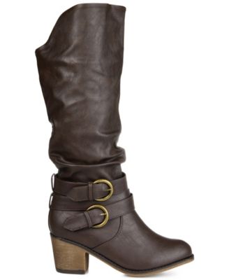 Women's Late Rouched Buckle Mid Shaft Block Heel Boots