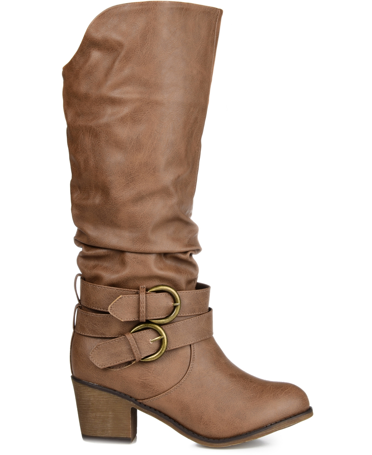 Journee Collection Women's Late Wide Calf Rouched Buckle Mid Shaft Block Heel Boots