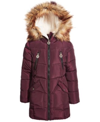 DKNY - Big Girls Fashion Quilted Puffer with Faux-Fur Trim