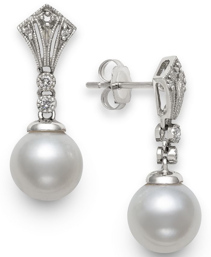 Macy's Cultured Freshwater Pearl (7-8mm) & Diamond Accent Drop Earrings ...