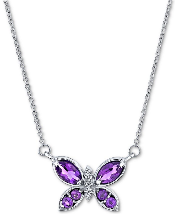 Amethyst 5 8 ct. t.w. Diamond 1 20 ct. t.w. Butterfly 18 Pendant Necklace in 14k White Gold