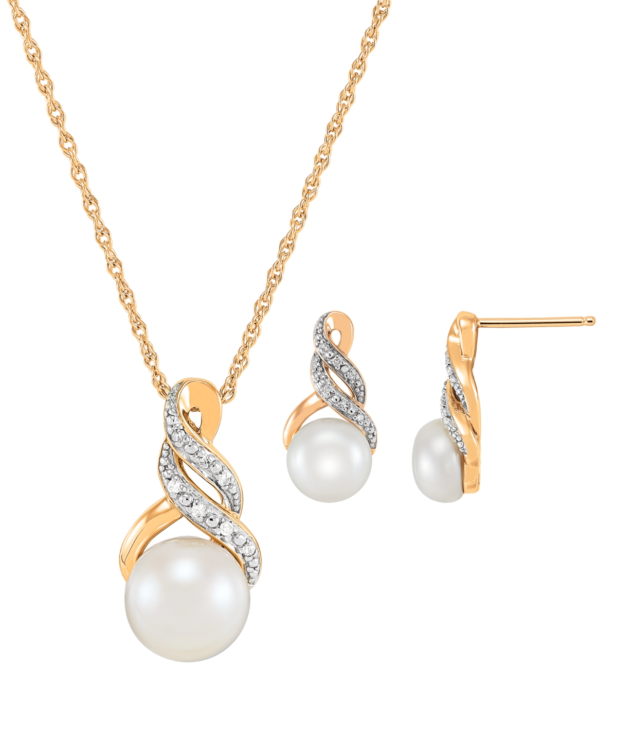Macy's Cultured Freshwater Pearl (8 & 9mm) And Diamond Accent Pendant Necklace And Earrings Set In Sterling In Gold