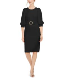 Balloon-Sleeve Belted Sheath Dress