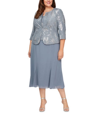 Alex Evenings Plus Size Sequin Jacket & Midi Dress In Steel Blue