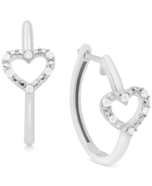 Macy's Diamond Heart Hoop Earrings (1/10 Ct. T.w.) In Sterling Silver In Sterling Silver