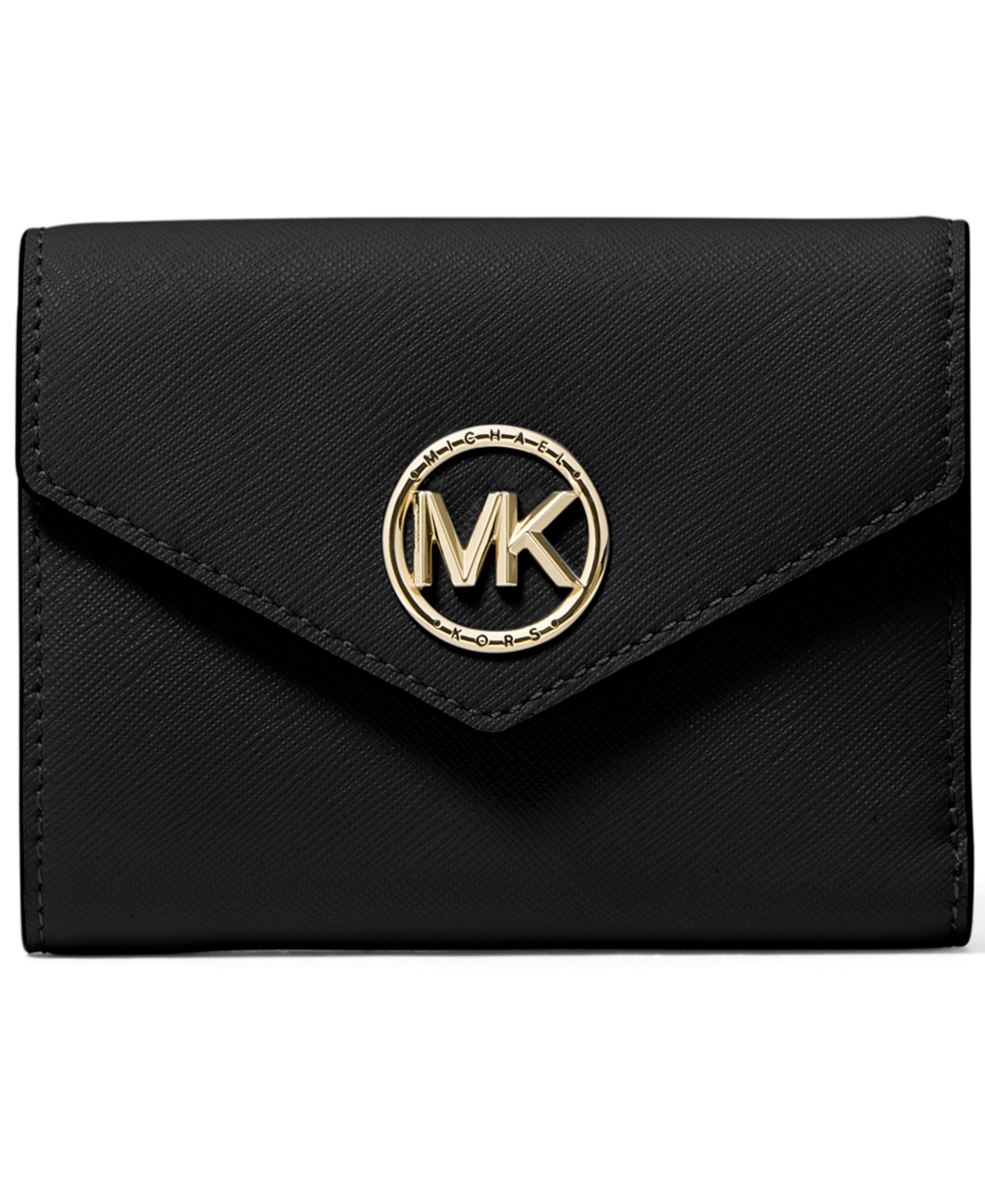 Michael Kors Michael  Greenwich Leather Envelope Trifold Wallet In Black,gold