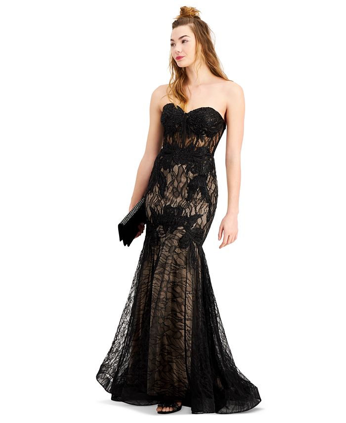 Blondie Nites Juniors' Strapless Lace Corset Gown, Created for Macy's ...