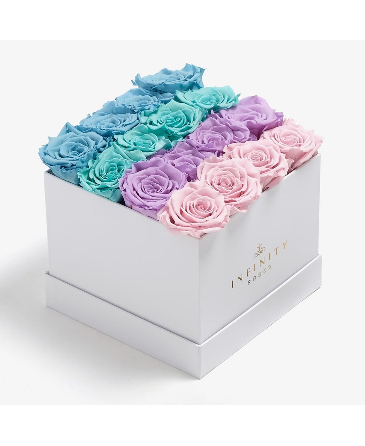 Square Box of 16 Blue Ombre Real Roses Preserved To Last Over A Year - Multi