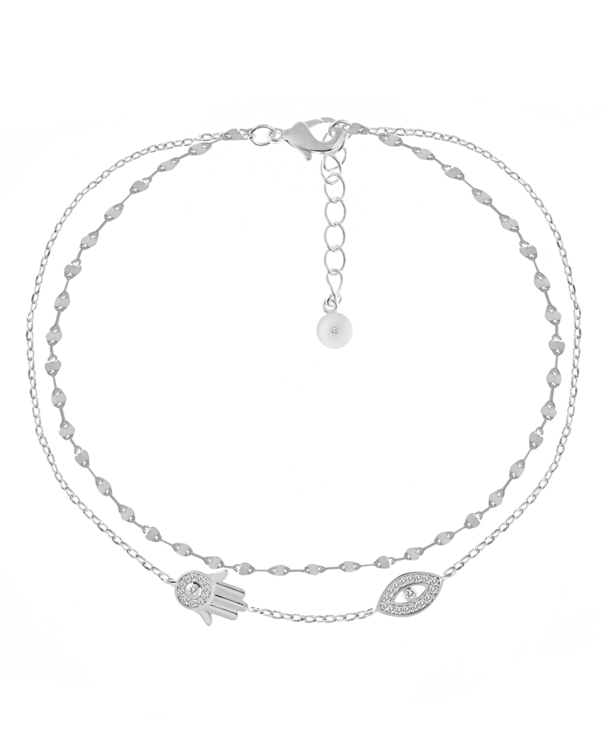 Double Row Cubic Zirconia Hamsa Hand and Evil Eye Anklet in Silver Plate - Silver