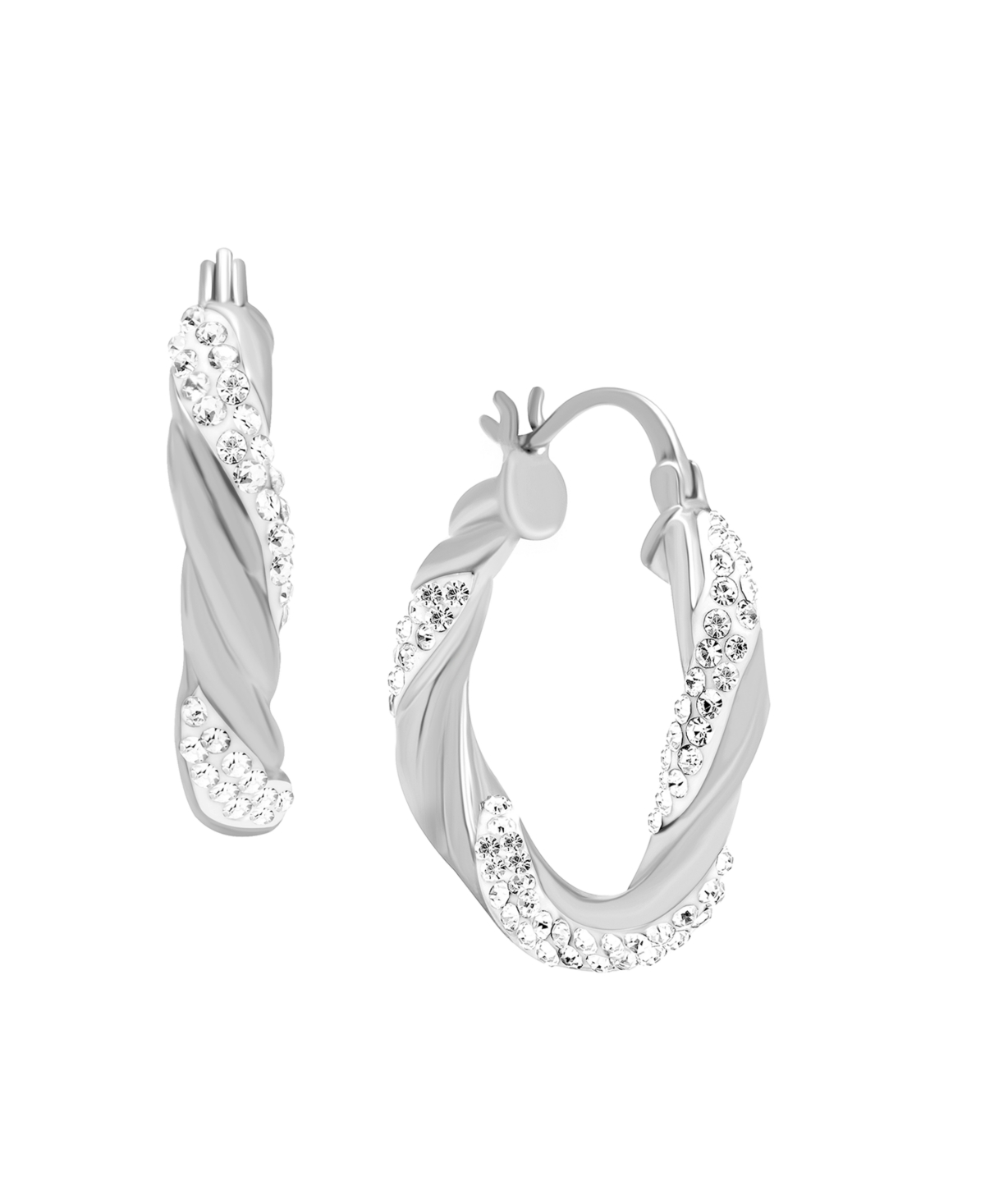 Clear Crystal Twisted Click Top Hoop Earring in Silver Plate or Gold Plate - Silver
