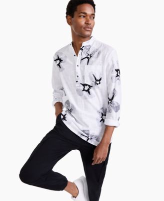 INC International Concepts - Men's Regular-Fit Floral-Print Band Collar Popover Shirt