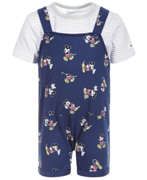 Disney Baby Boys 2-Pc Mickey-Print Shortall & Striped T-Shirt Set