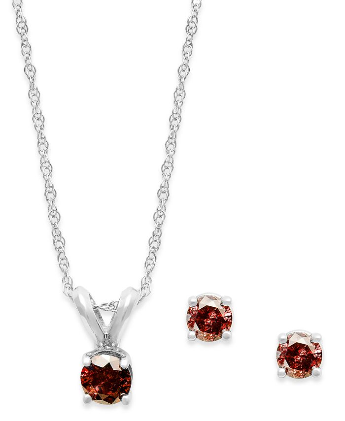 Macy's 10k White Gold Red Diamond Necklace and Earring Set (1/5 ct. t.w ...
