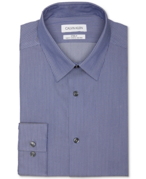 Calvin Klein Men's Steel Slim-Fit Non-Iron Performance Stretch Navy Blue Herringbone Stripe Dress Shirt