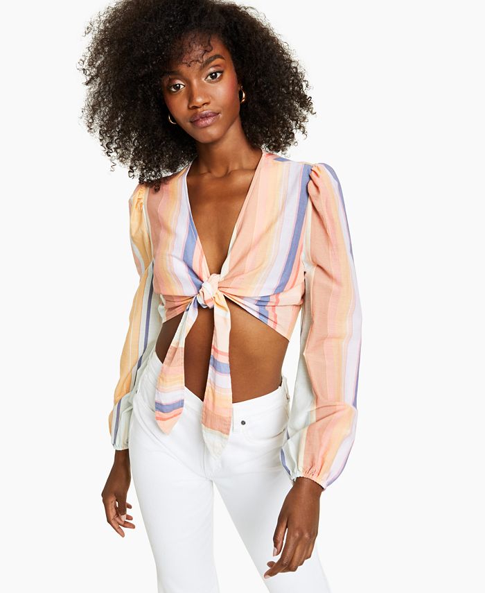 Bar III Striped Tie-Front Blouson Top, Created for Macy's - Macy's