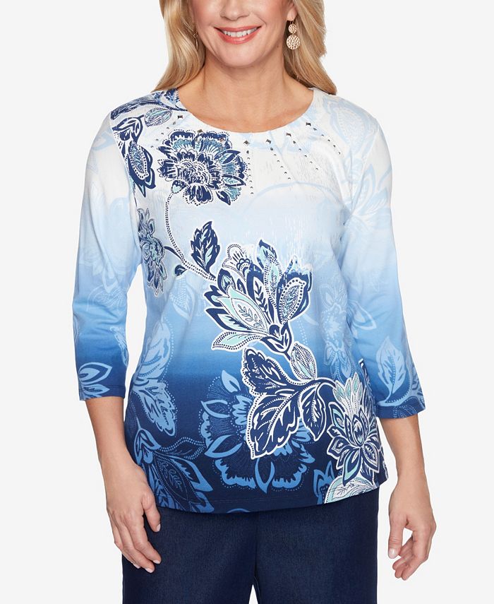 Alfred Dunner Plus Size Classics Ombre Floral Diagonal Top - Macy's