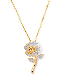 Diamond Accent Rose Flower Pendant 18" Necklace in Gold Plate
