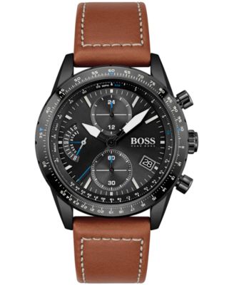 BOSS - Men's Chronograph Pilot Brown Leather Strap Watch 44mm